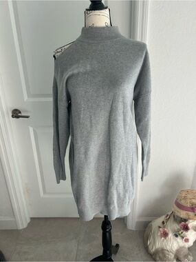 Michael Kors Gray Mock Neck Sweater Dress with one open shoulder